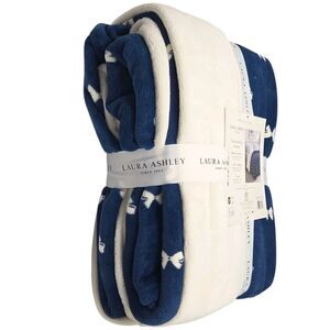 Laura Ashley Twin XL Bows Ivory And Blue Ultimate Plush Blanket Reversible 66x92